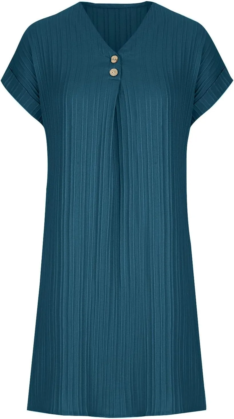 Summer Dresses for Women 2024 Casual V Neck Roll Up Cap Sleeve Mini Dress Beach Vacation A Line Pleated Sundress