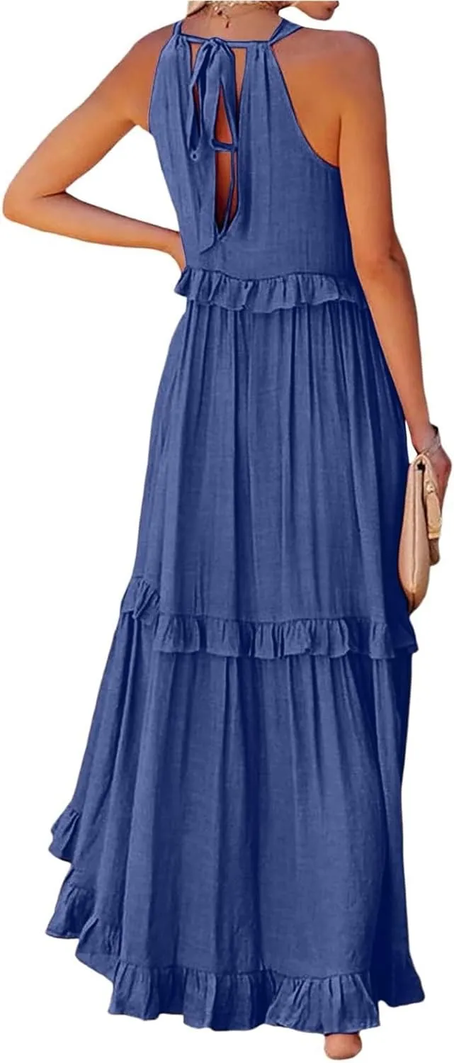Summer Dresses for Women 2024 Halter Tie Back Ruffle Tiered Flowy Swing Dress Sleeveless Party Maxi Dress Sundress