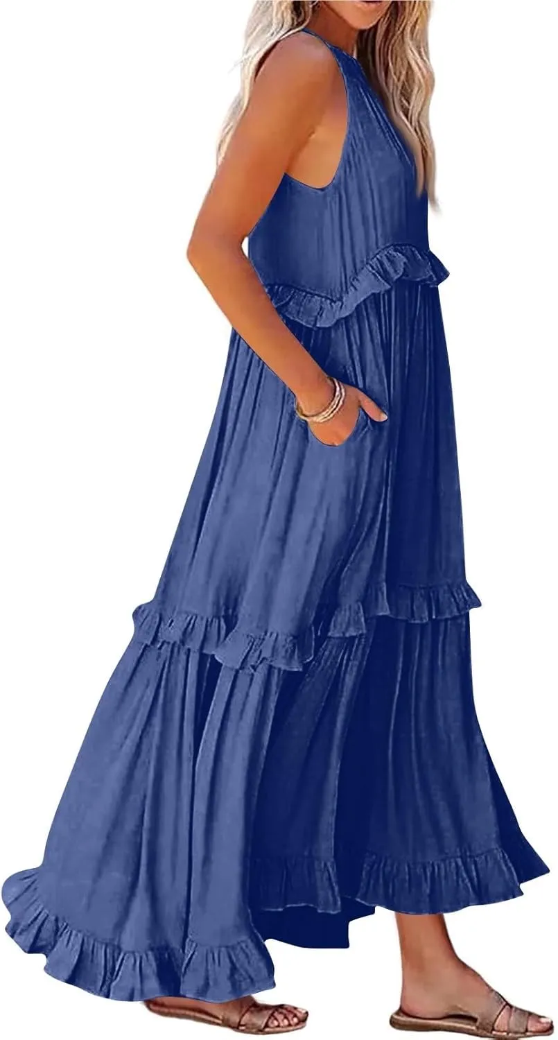 Summer Dresses for Women 2024 Halter Tie Back Ruffle Tiered Flowy Swing Dress Sleeveless Party Maxi Dress Sundress