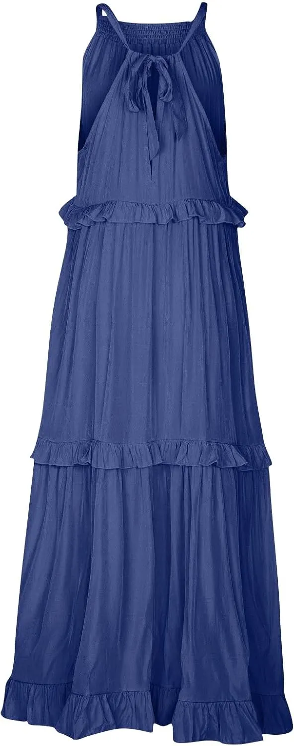 Summer Dresses for Women 2024 Halter Tie Back Ruffle Tiered Flowy Swing Dress Sleeveless Party Maxi Dress Sundress