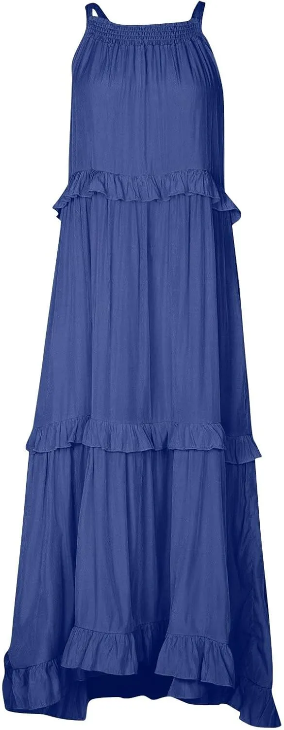 Summer Dresses for Women 2024 Halter Tie Back Ruffle Tiered Flowy Swing Dress Sleeveless Party Maxi Dress Sundress