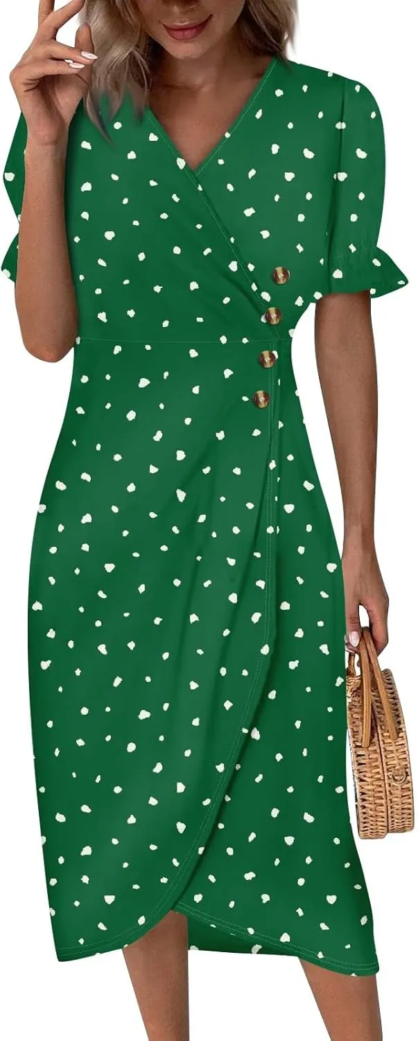 Summer Dresses for Women 2024 Wrap V Neck Short Sleeves Maxi Dresses Casual Floral Boho Flowy Beach Dresses