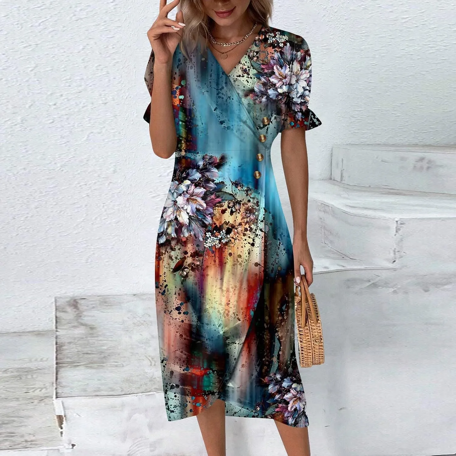 Summer Dresses for Women 2024 Wrap V Neck Short Sleeves Maxi Dresses Casual Floral Boho Flowy Beach Dresses