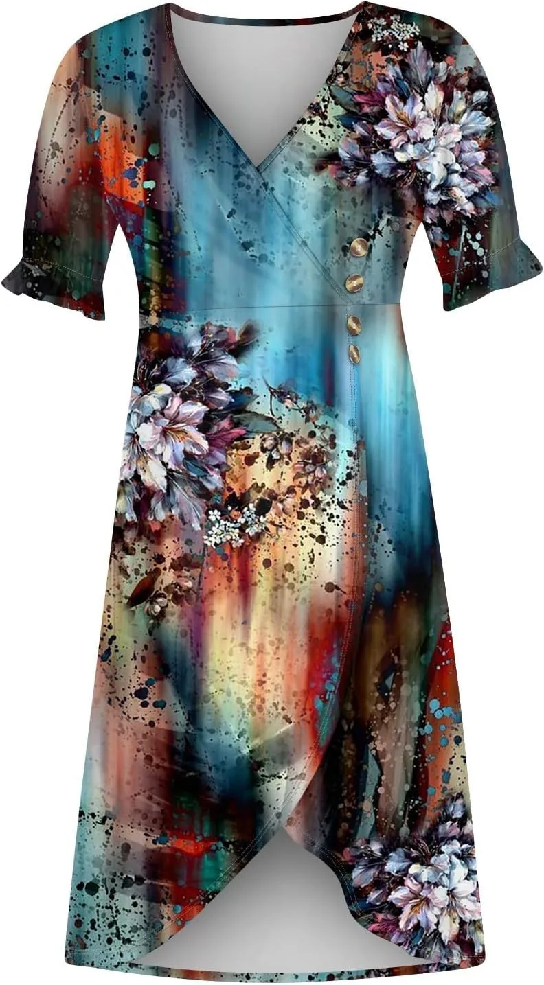 Summer Dresses for Women 2024 Wrap V Neck Short Sleeves Maxi Dresses Casual Floral Boho Flowy Beach Dresses