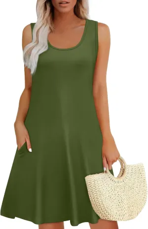 Summer Dresses for Women 2025 Casual Beach Boho U Neck Sleeveless Sundresses Vintage Flowy Tank Dress with Pockets