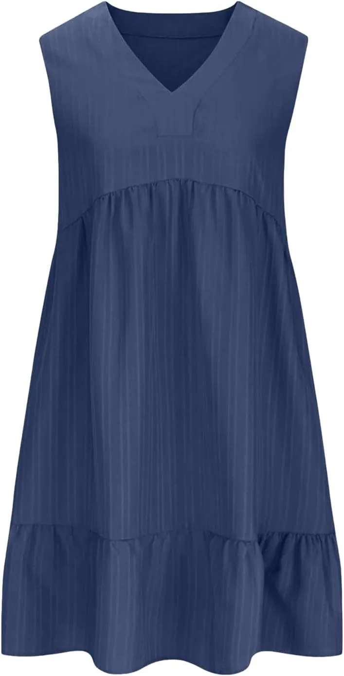 Summer Dresses for Women 2025 Casual Vacation Sleeveless V Neck Mini Tank Dress Pleated Ruffle Flowy A Line Beach Sundresses