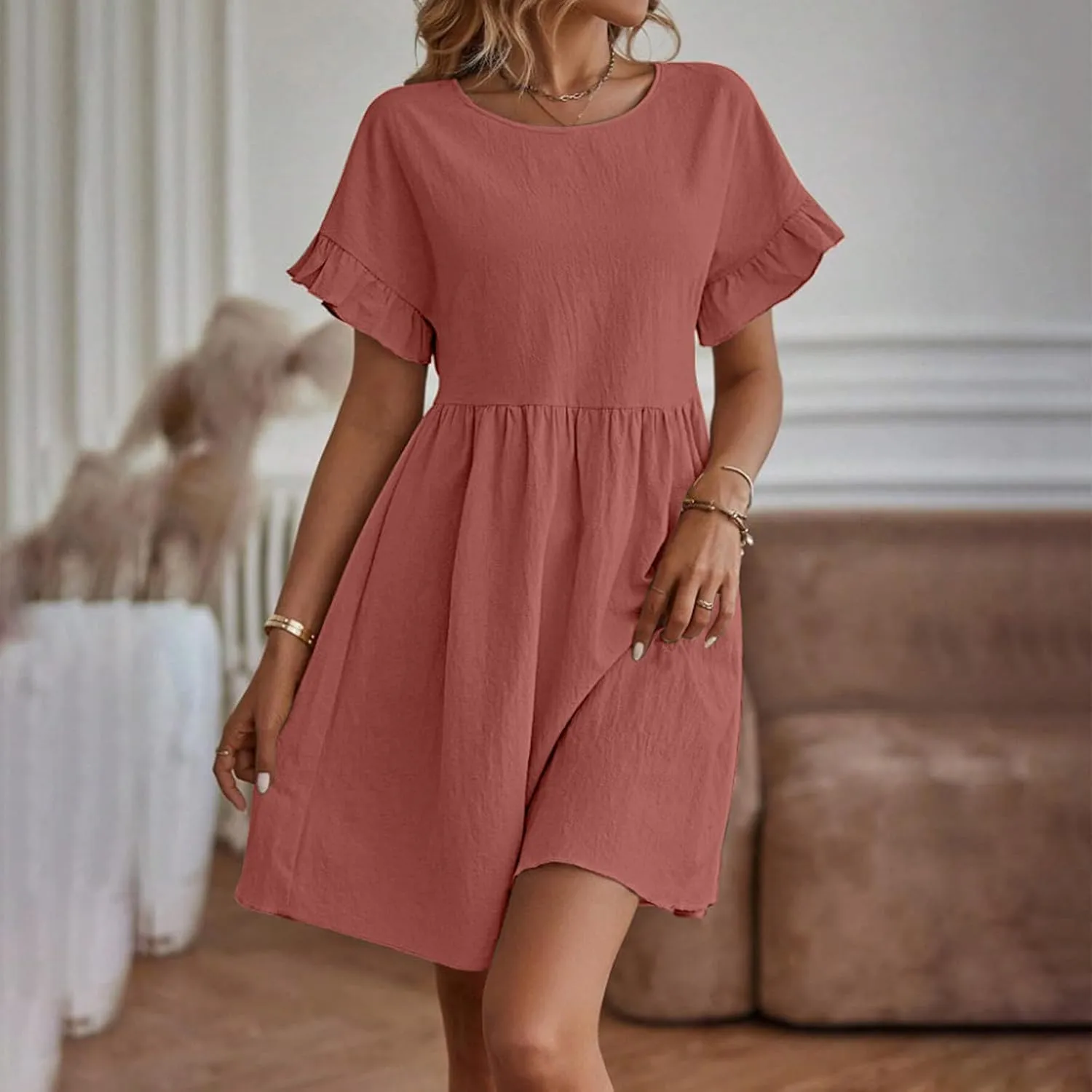 Summer Dresses for Women 2025 Crew Neck Ruffle Sleeve Cute Babydoll Mini Dress Pleated Swing A-Line Sundresses