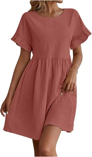 Summer Dresses for Women 2025 Crew Neck Ruffle Sleeve Cute Babydoll Mini Dress Pleated Swing A-Line Sundresses