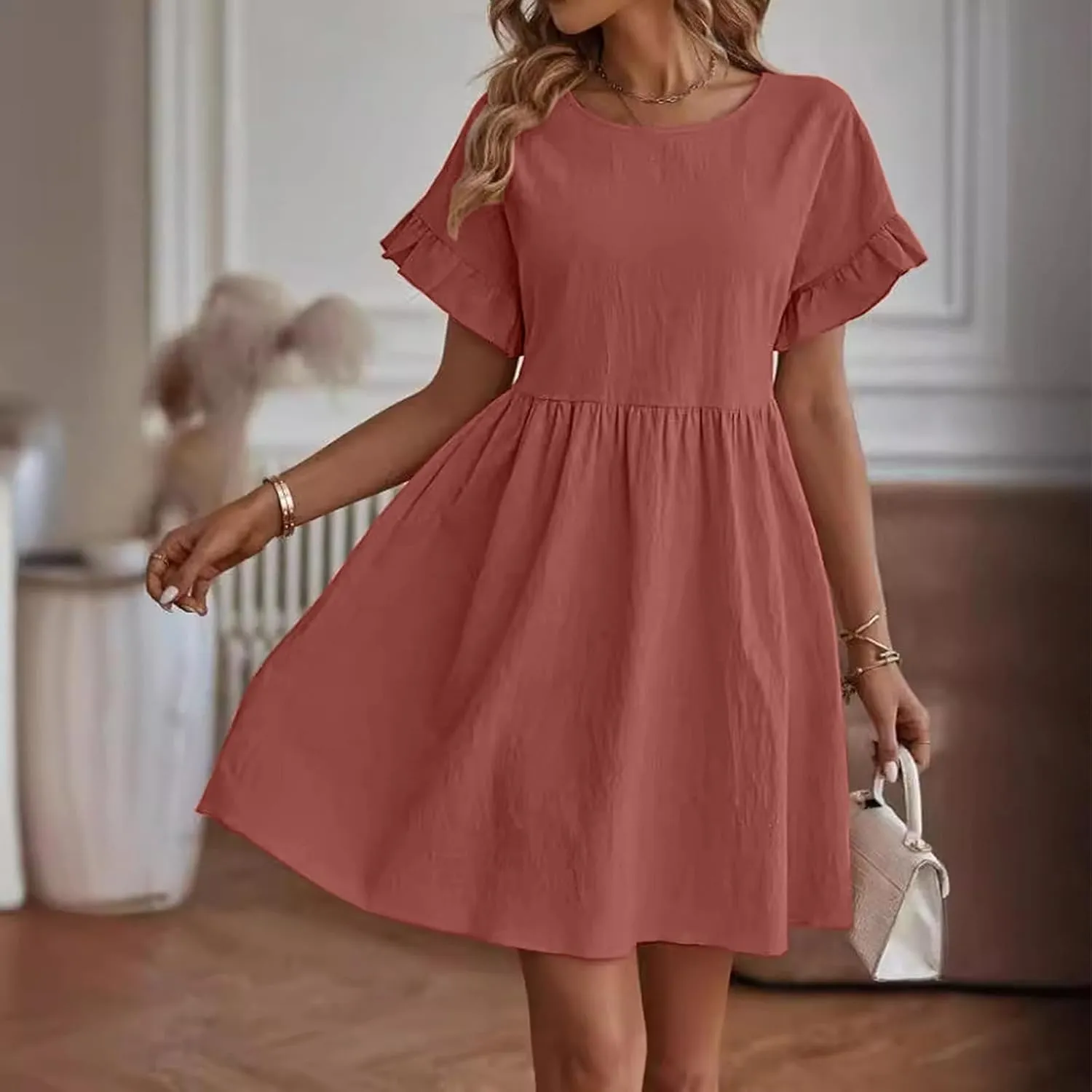 Summer Dresses for Women 2025 Crew Neck Ruffle Sleeve Cute Babydoll Mini Dress Pleated Swing A-Line Sundresses