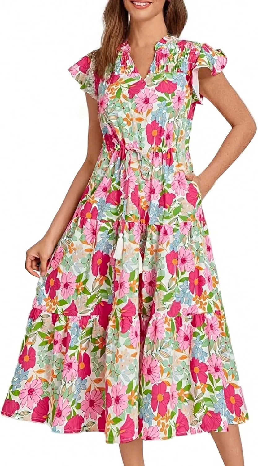 Summer Dresses for Women 2025 Floral Flutter Sleeve Wedding Guest Dresses V Neck Ruffle Tiered Long Flowy Maxi Dress