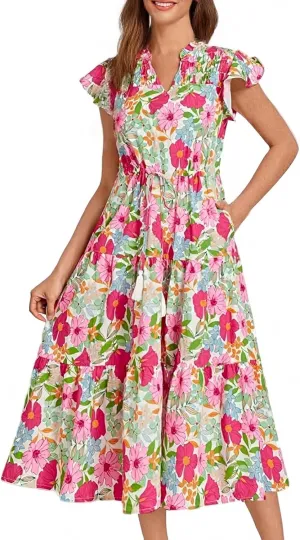 Summer Dresses for Women 2025 Floral Flutter Sleeve Wedding Guest Dresses V Neck Ruffle Tiered Long Flowy Maxi Dress