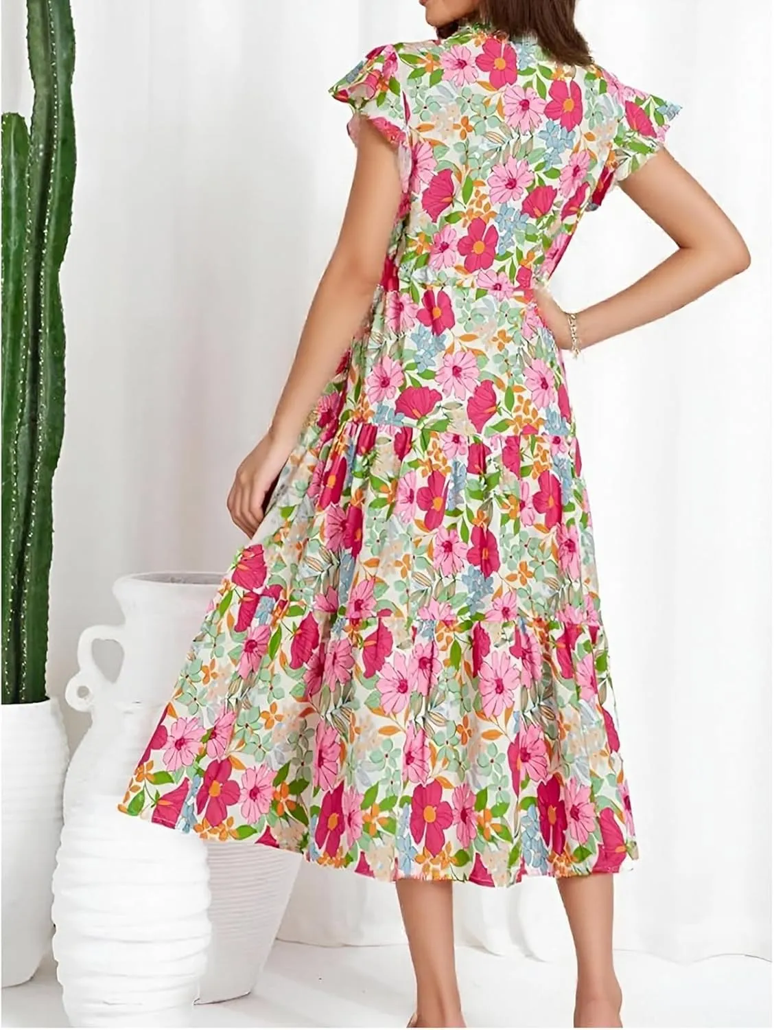 Summer Dresses for Women 2025 Floral Flutter Sleeve Wedding Guest Dresses V Neck Ruffle Tiered Long Flowy Maxi Dress