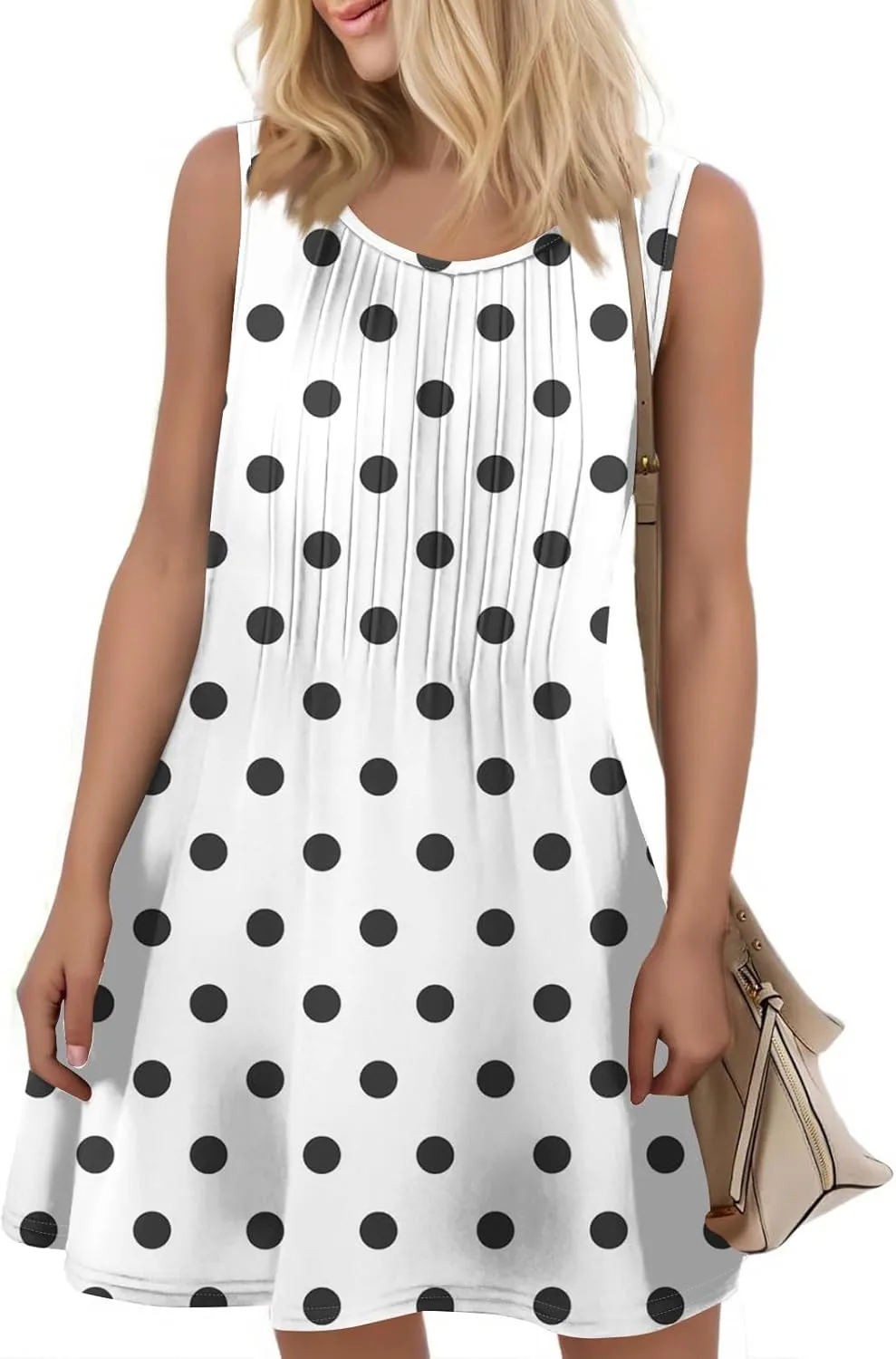 Summer Dresses for Women 2025 Loose O Neck Sundresses Sleeveless Pleated Tank Dress Beach Casual Print Dress with Pockets