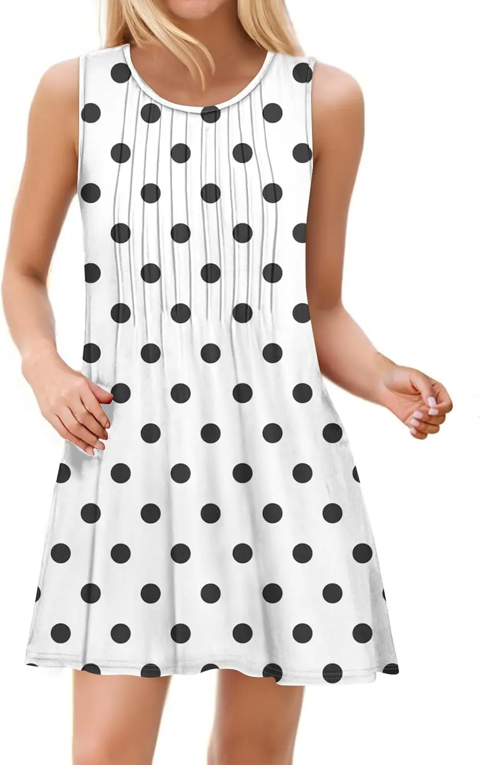 Summer Dresses for Women 2025 Loose O Neck Sundresses Sleeveless Pleated Tank Dress Beach Casual Print Dress with Pockets