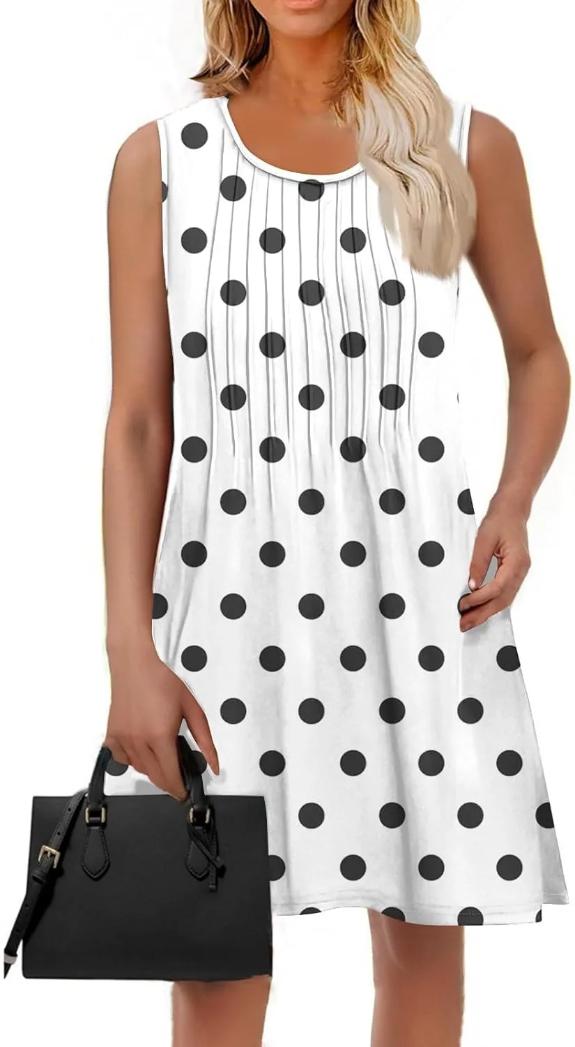 Summer Dresses for Women 2025 Loose O Neck Sundresses Sleeveless Pleated Tank Dress Beach Casual Print Dress with Pockets