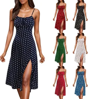Summer Dresses for Women 2025 Polka Dot Dress Midi Dress Spaghetti Strap Slit Sundress Beach Vacation Clothes