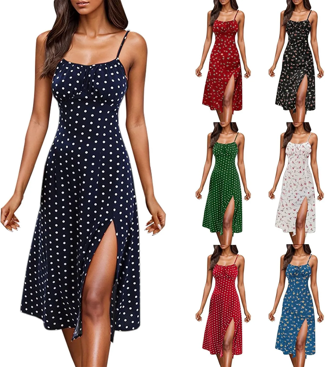 Summer Dresses for Women 2025 Polka Dot Dress Midi Dress Spaghetti Strap Slit Sundress Beach Vacation Clothes