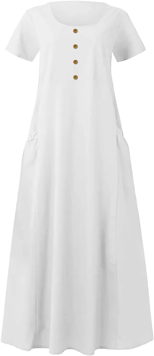 Summer Dresses for Women 2025 Short Sleeve Cotton Linen Maxi Dress Plus Size Crewneck Boho Dresses with Pockets