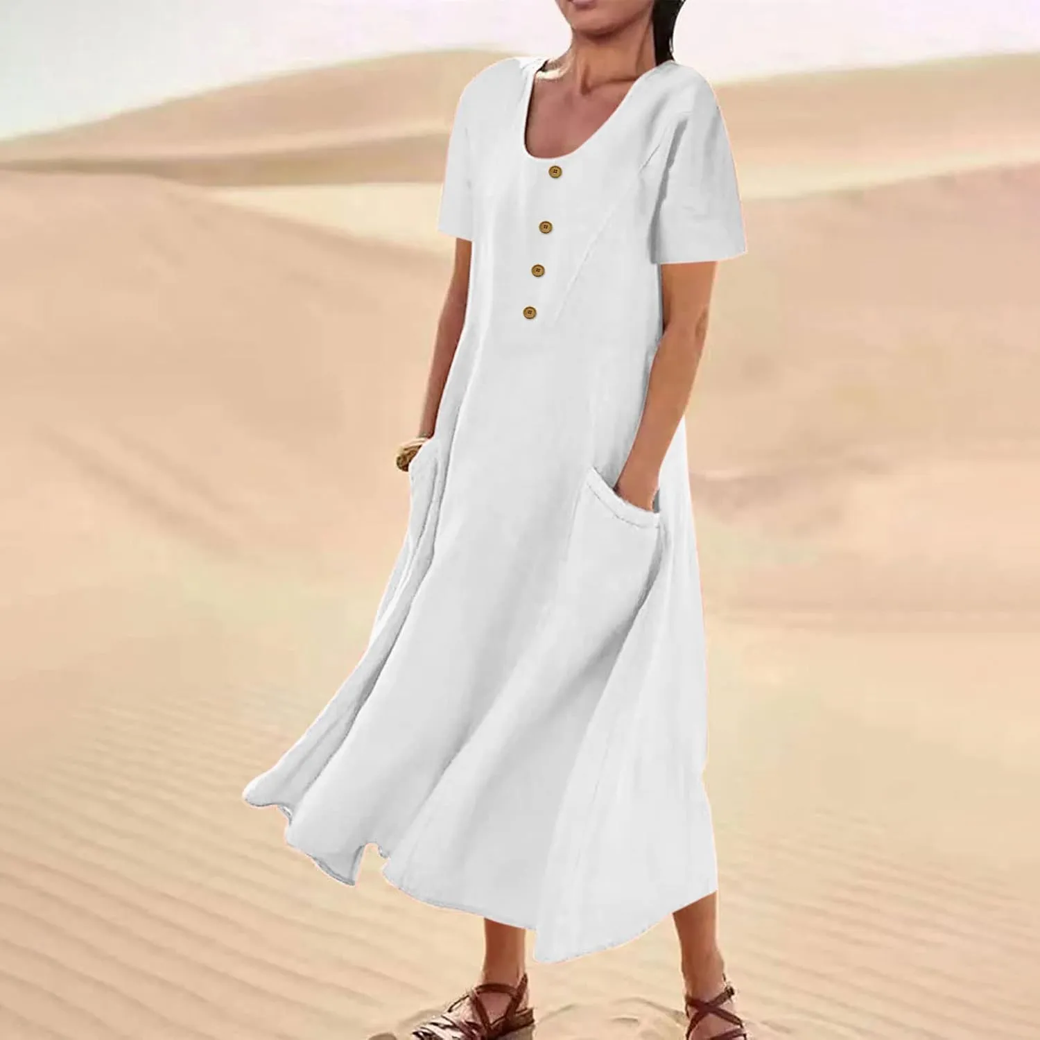 Summer Dresses for Women 2025 Short Sleeve Cotton Linen Maxi Dress Plus Size Crewneck Boho Dresses with Pockets