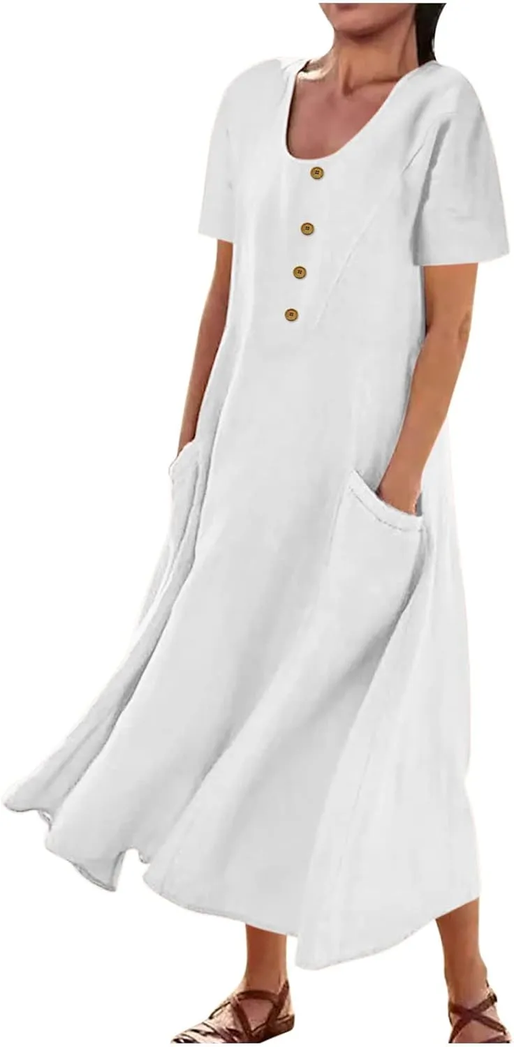 Summer Dresses for Women 2025 Short Sleeve Cotton Linen Maxi Dress Plus Size Crewneck Boho Dresses with Pockets