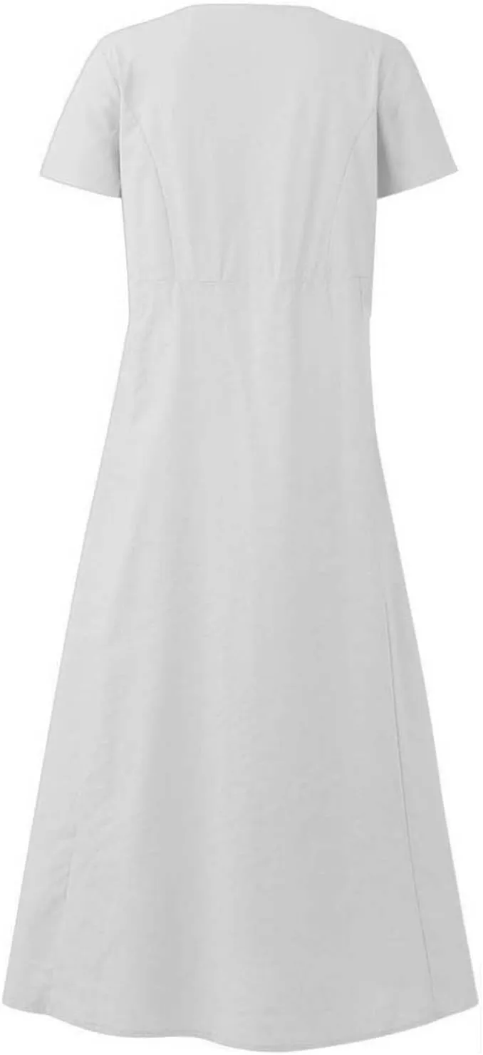 Summer Dresses for Women 2025 Short Sleeve Cotton Linen Maxi Dress Plus Size Crewneck Boho Dresses with Pockets