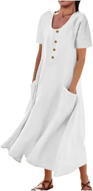 Summer Dresses for Women 2025 Short Sleeve Cotton Linen Maxi Dress Plus Size Crewneck Boho Dresses with Pockets