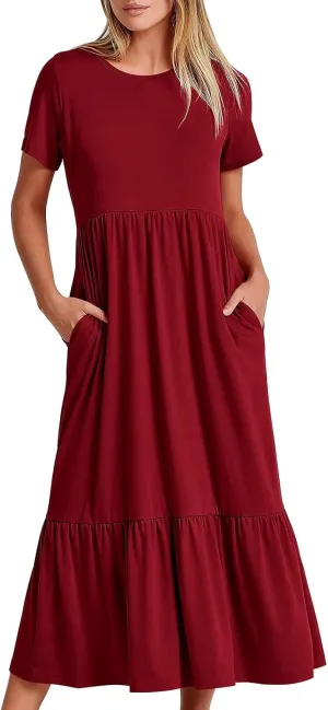 Summer Dresses for Women 2025 Tiered Vacation Long Beach Sundress Casual Loose Short Sleeve Dress with Pockets