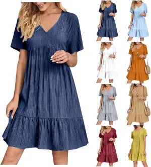 Summer Dresses for Women 2025 Vacation Short Sleeve v Neck Mini T Shirt Dress Pleated Ruffle Flowy Beach Sundresses