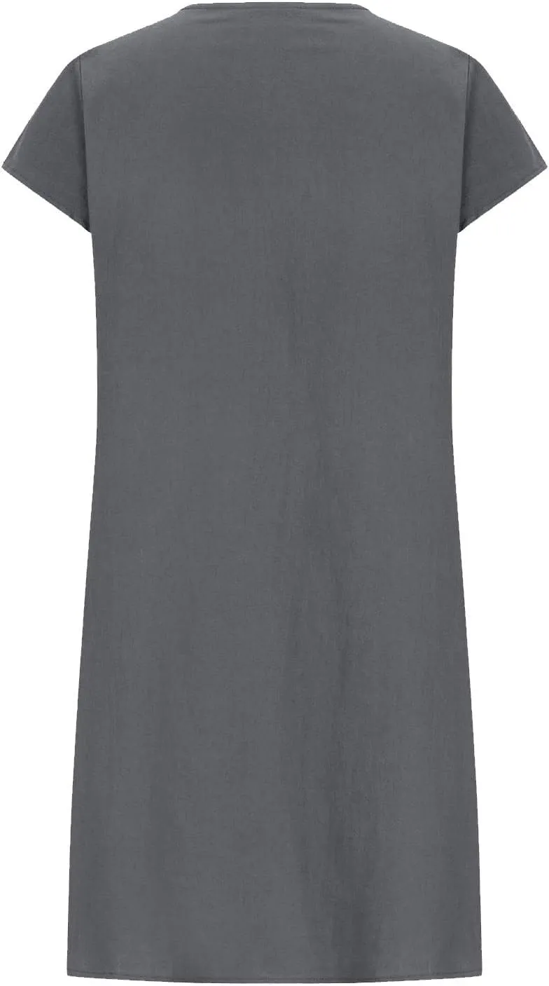 Summer Dresses for Women Casual Cotton Linen Midi Dress Plus Size Crew Neck Pleated Beach Dress Vacation Sundress