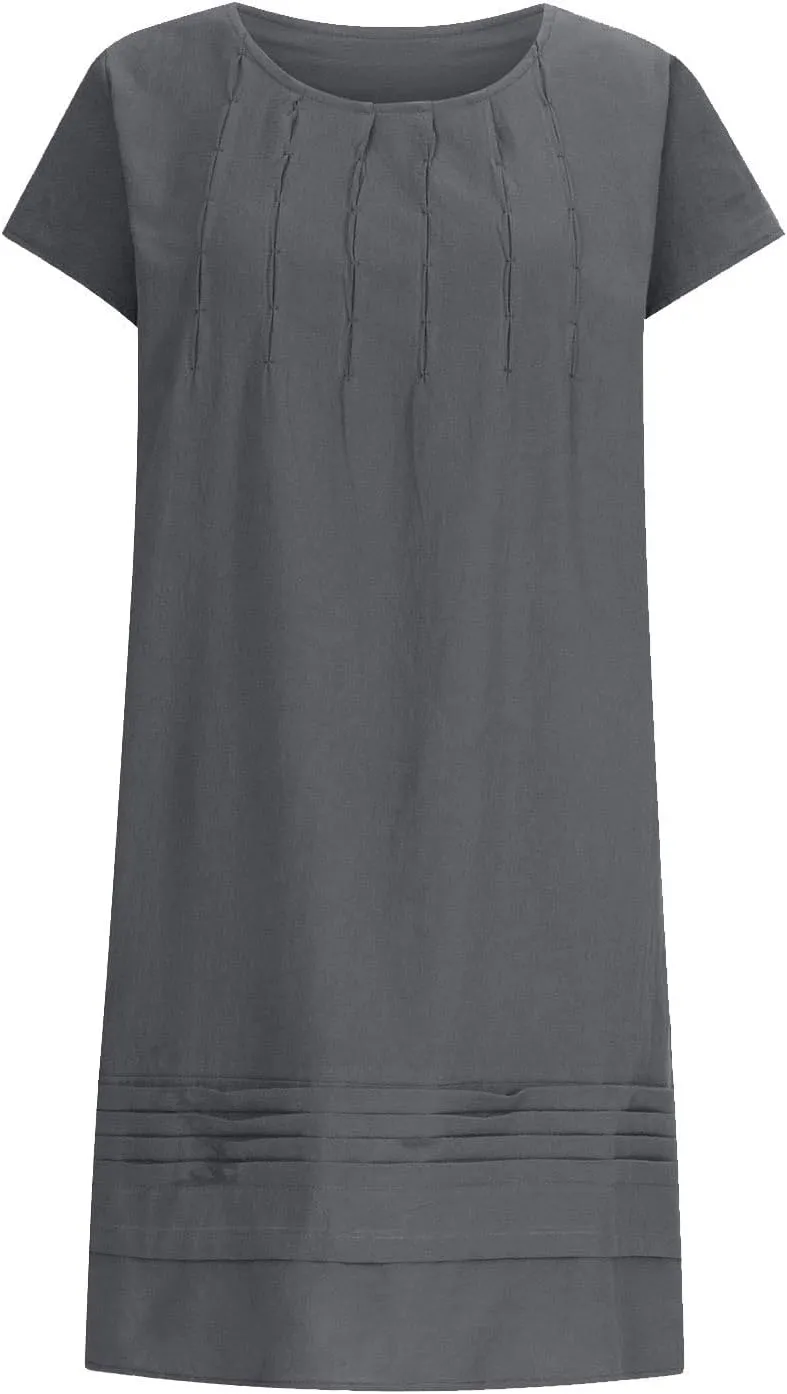 Summer Dresses for Women Casual Cotton Linen Midi Dress Plus Size Crew Neck Pleated Beach Dress Vacation Sundress
