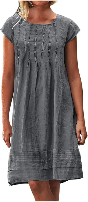 Summer Dresses for Women Casual Cotton Linen Midi Dress Plus Size Crew Neck Pleated Beach Dress Vacation Sundress