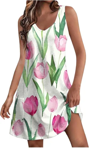 Summer Dresses for Women Casual Sleeveless V Neck Mini Dress with Pocket Floral Print Trendy 2025 Beach Sundress