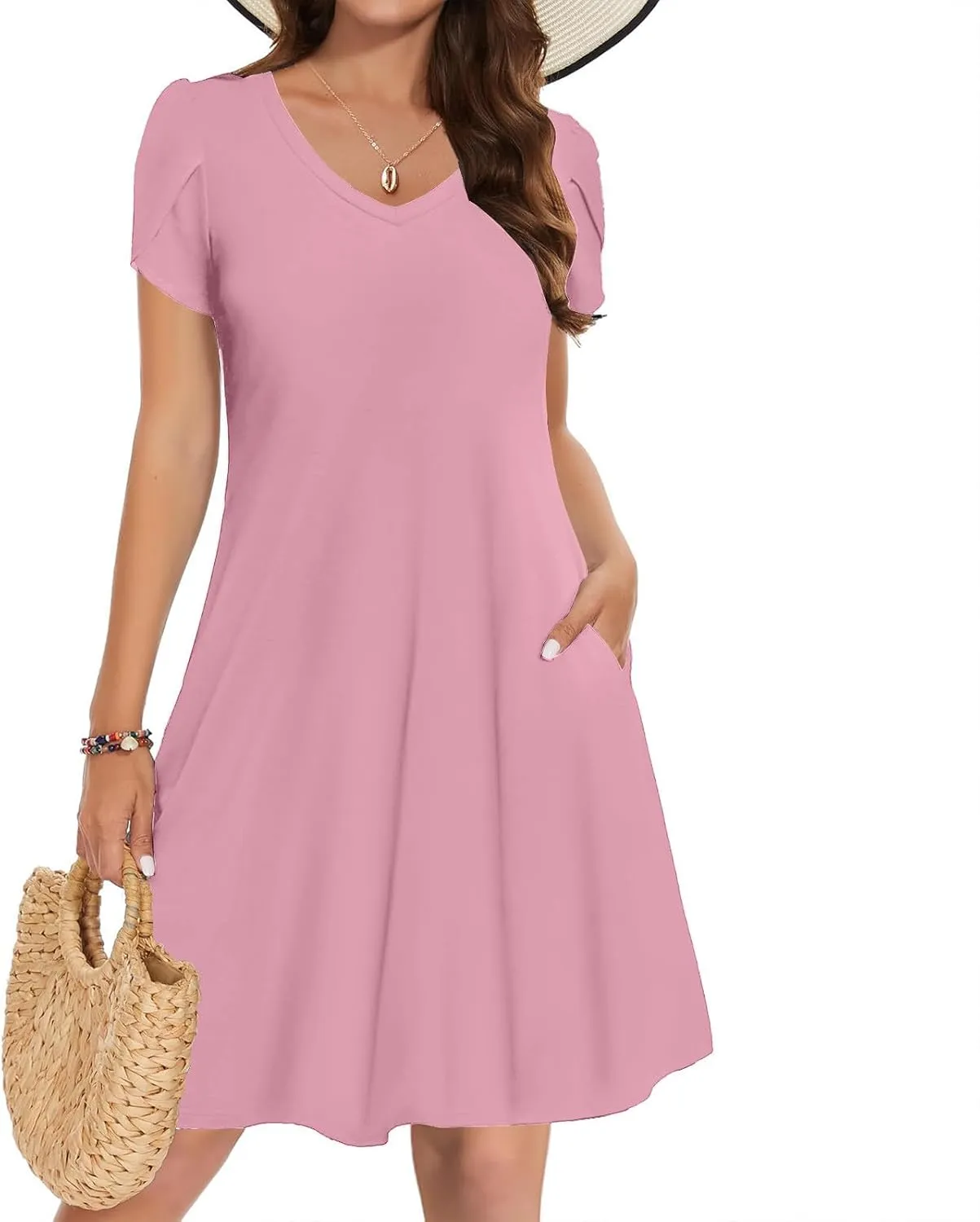 Summer Dresses for Women Casual T Shirt Dresses Swing Flowy Beach Vacation Tunic Loose Sundress with Pockets