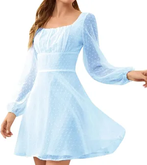 Summer Dresses for Women Sheer Mesh Lantern Sleeve Square Neck Polka Dots A line Dress Swiss Dots Swing Mini Dress