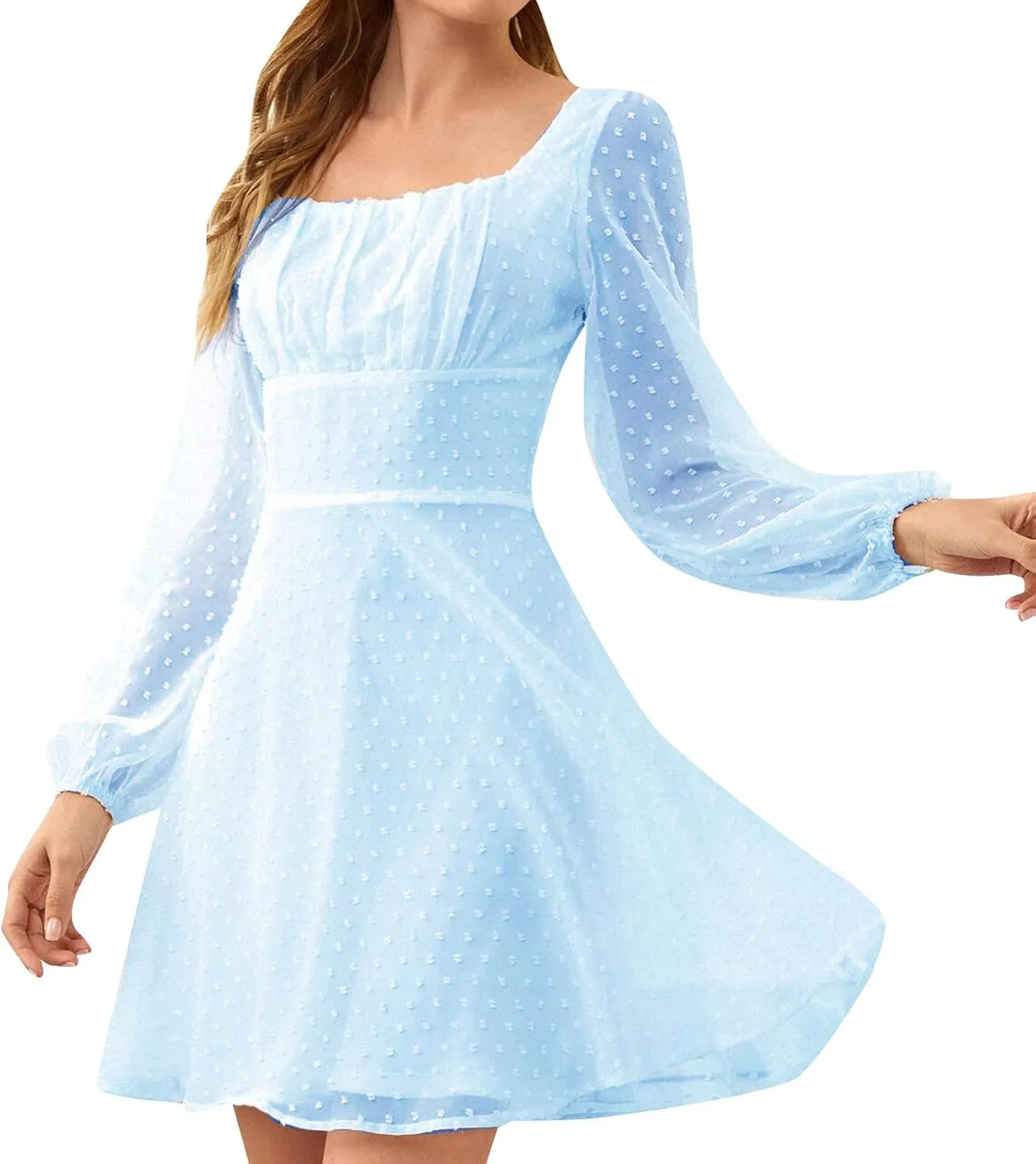 Summer Dresses for Women Sheer Mesh Lantern Sleeve Square Neck Polka Dots A line Dress Swiss Dots Swing Mini Dress