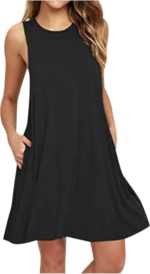 Summer Dresses for Women Sleeveless A-Line Beach Sundress Loose Casual Tank Dresses Tshirt Dress with Pockets