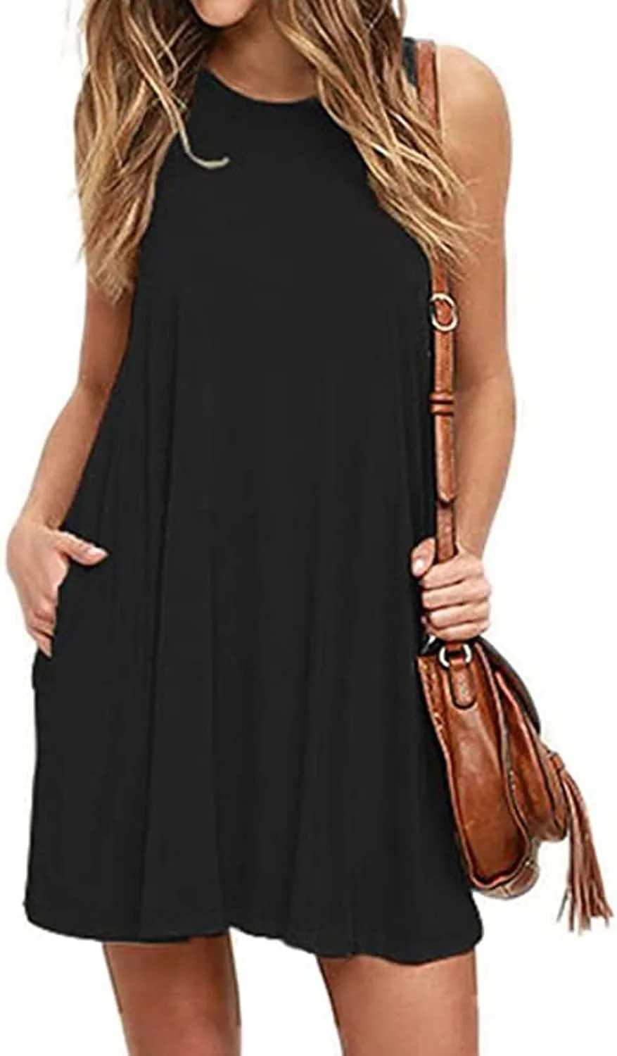 Summer Dresses for Women Sleeveless A-Line Beach Sundress Loose Casual Tank Dresses Tshirt Dress with Pockets