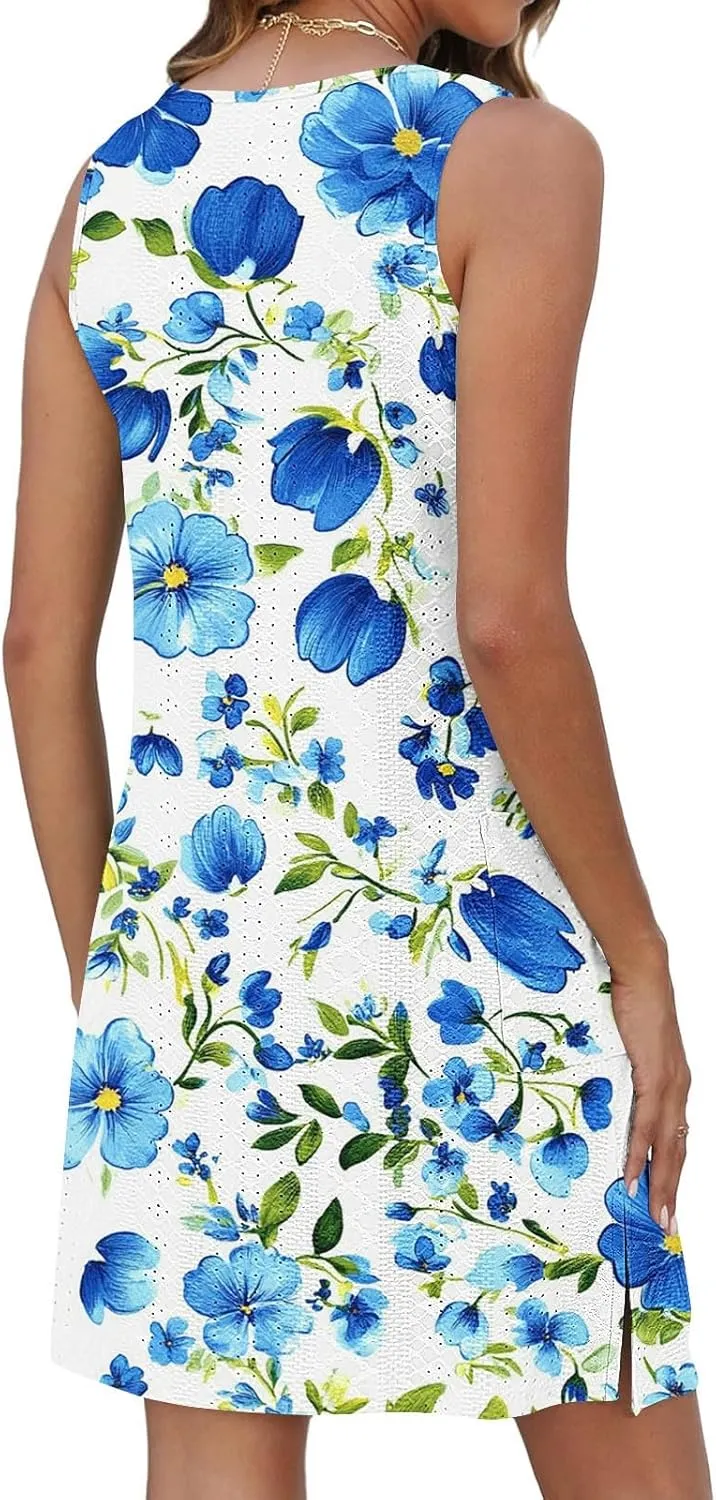 Summer Dresses Women Eyelet Floral Print Round Neck Slim A Line Dress Fashion Sleeveless Casual 2025 Mini Dresses