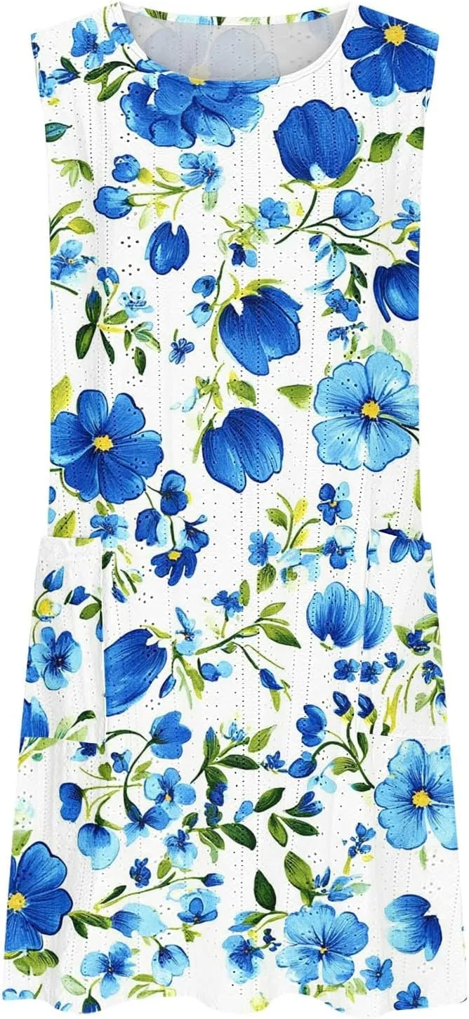 Summer Dresses Women Eyelet Floral Print Round Neck Slim A Line Dress Fashion Sleeveless Casual 2025 Mini Dresses