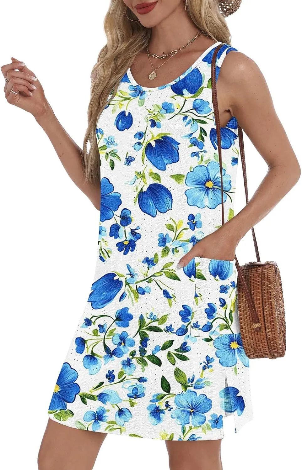 Summer Dresses Women Eyelet Floral Print Round Neck Slim A Line Dress Fashion Sleeveless Casual 2025 Mini Dresses