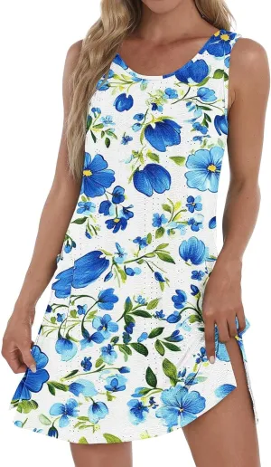 Summer Dresses Women Eyelet Floral Print Round Neck Slim A Line Dress Fashion Sleeveless Casual 2025 Mini Dresses