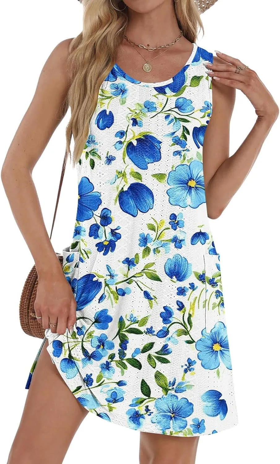 Summer Dresses Women Eyelet Floral Print Round Neck Slim A Line Dress Fashion Sleeveless Casual 2025 Mini Dresses