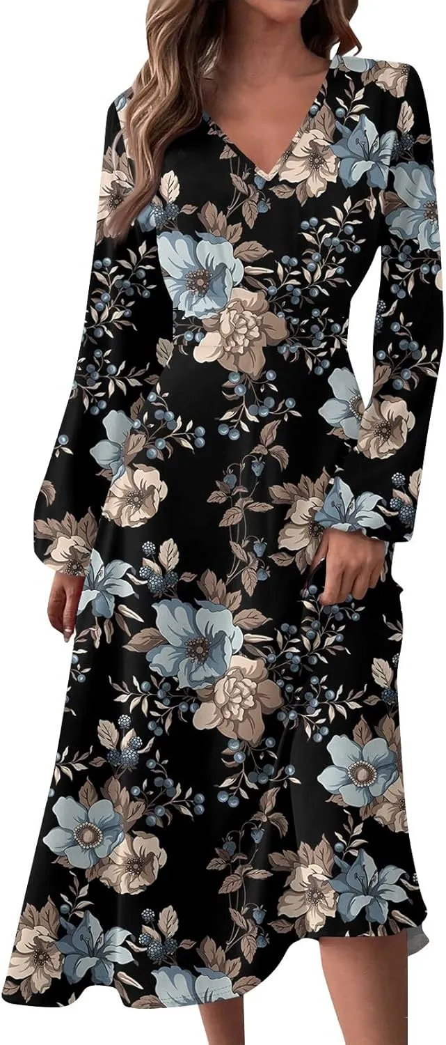 Summer Fall Long Sleeve Midi Dresses for Women Casual Ruched Flowy Trendy Smocked Elegant Formal Floral A Line Dress