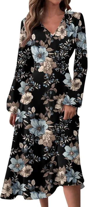 Summer Fall Long Sleeve Midi Dresses for Women Casual Ruched Flowy Trendy Smocked Elegant Formal Floral A Line Dress