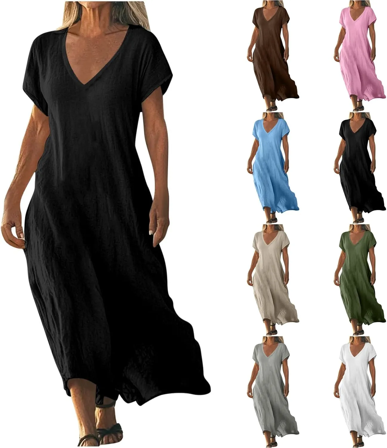 Summer Linen Dresses for Women 2025 Short Sleeve V Neck Shift Long Maxi Dresses Comfy Flowy Swing A Line Beach Dress