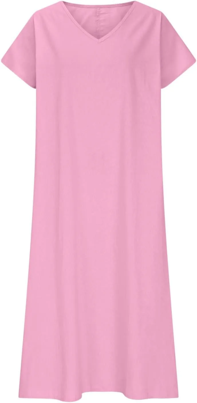 Summer Linen Dresses for Women 2025 Short Sleeve V Neck Shift Long Maxi Dresses Comfy Flowy Swing A Line Beach Dress