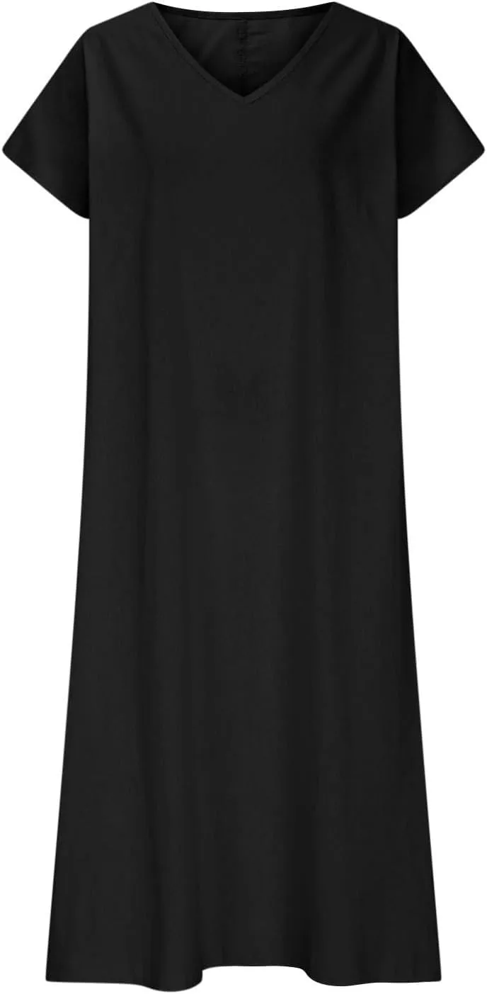 Summer Linen Dresses for Women 2025 Short Sleeve V Neck Shift Long Maxi Dresses Comfy Flowy Swing A Line Beach Dress