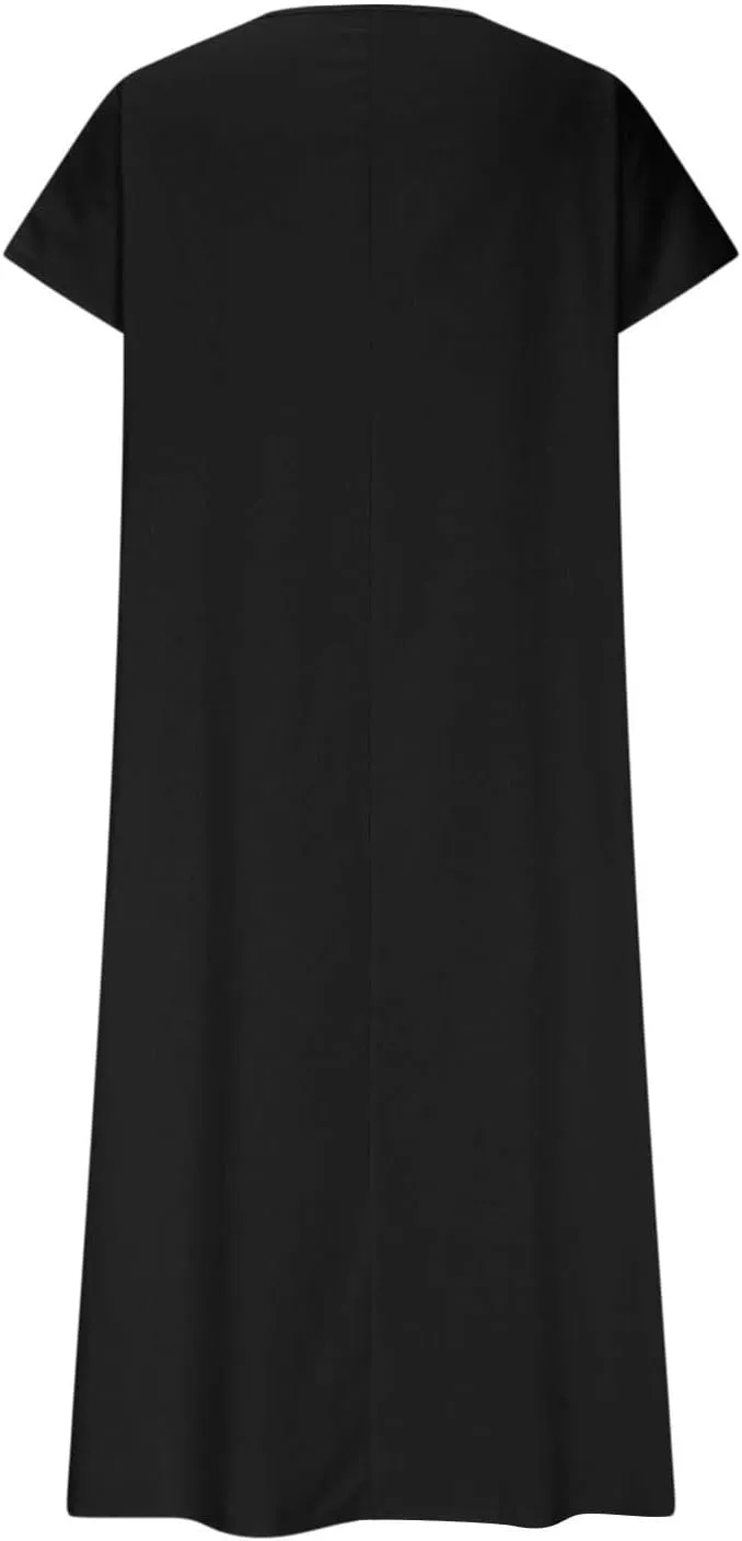 Summer Linen Dresses for Women 2025 Short Sleeve V Neck Shift Long Maxi Dresses Comfy Flowy Swing A Line Beach Dress