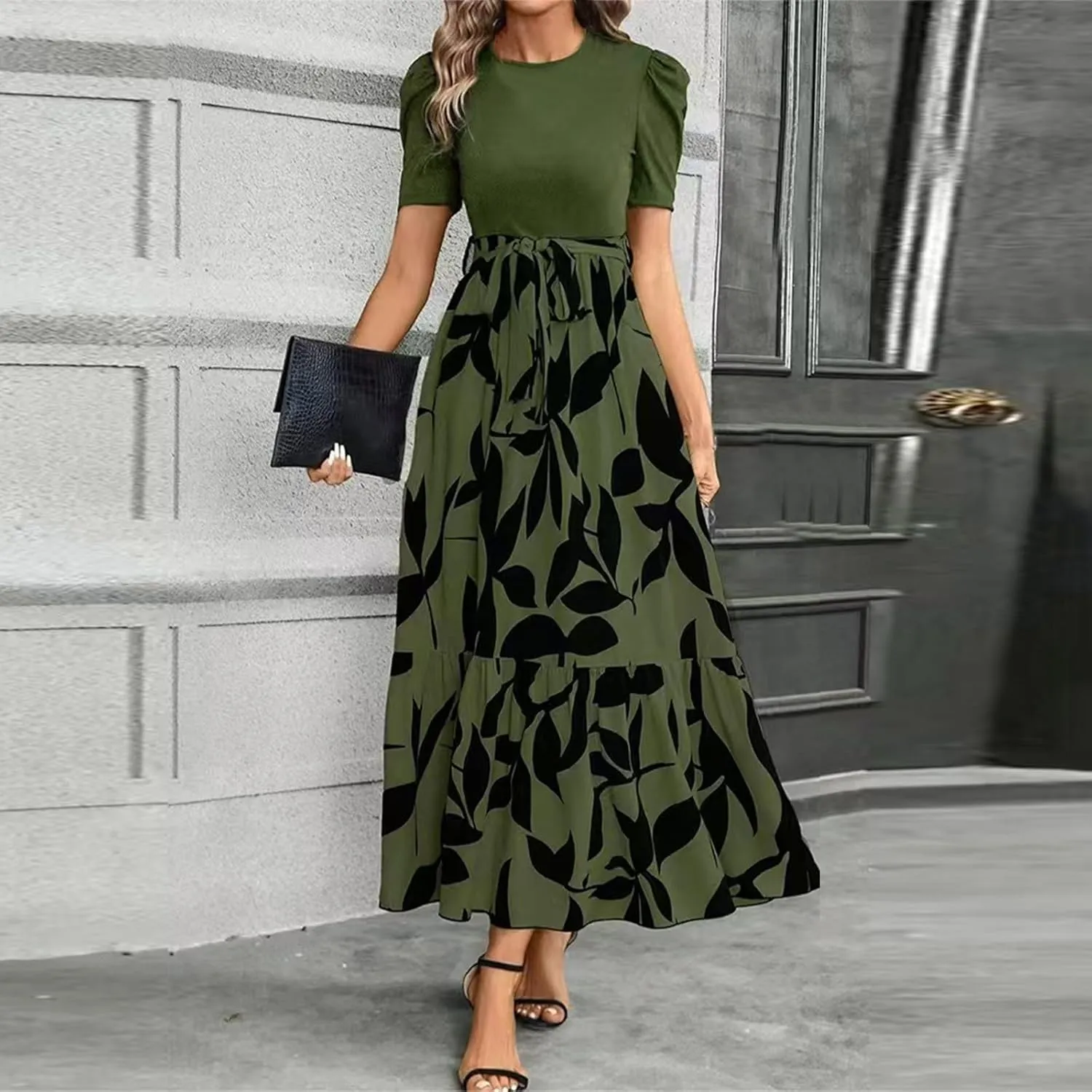 Summer Maxi Dresses for Women 2025 Casual Short Sleeve Floral Dress with Belt Elegant Wedding Guest Long Flowy Sun Dresses