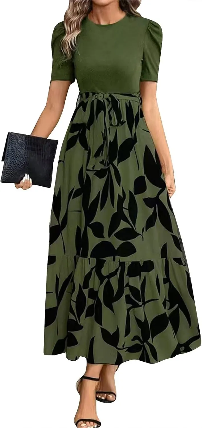 Summer Maxi Dresses for Women 2025 Casual Short Sleeve Floral Dress with Belt Elegant Wedding Guest Long Flowy Sun Dresses